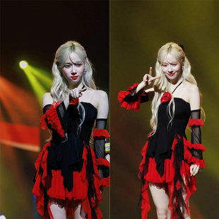 kpop穿搭女团aespa柳智敏同款打歌服drama黑红甜辣风演出服连衣裙