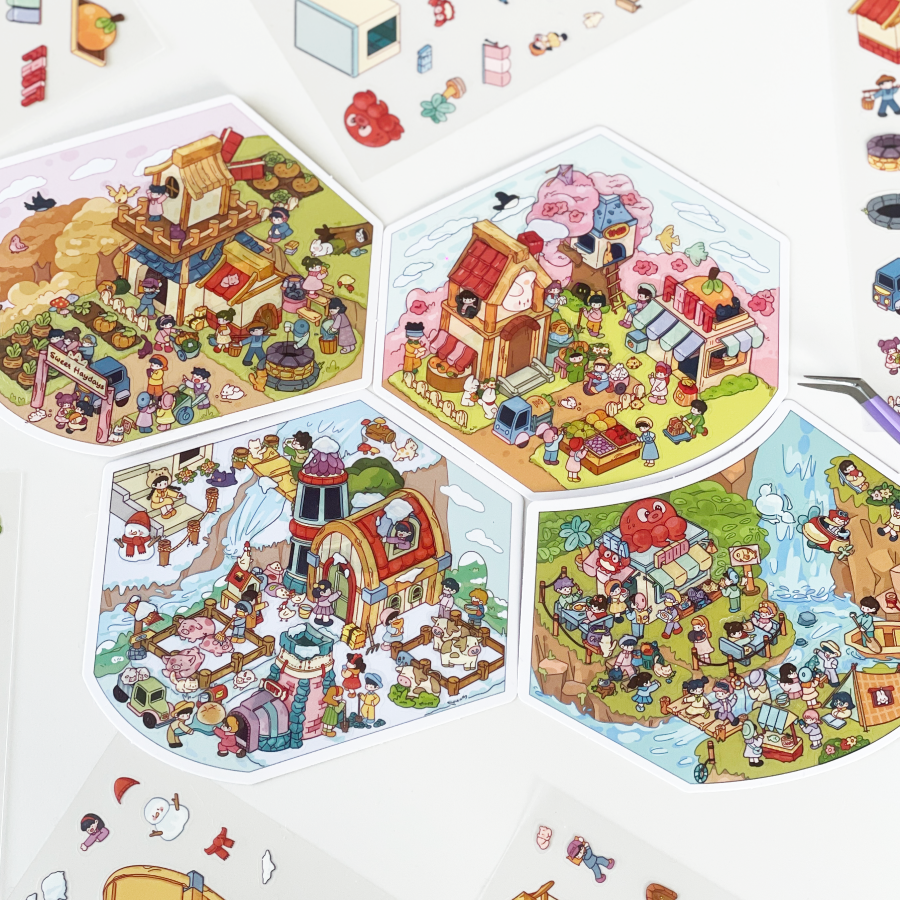 时空工坊甜蜜农场造景贴纸拼图3D微缩场景可爱咕卡手账素材