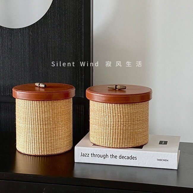 中古风编织皮革收纳盒圆家用客厅玄关杂物整理筐储物筐