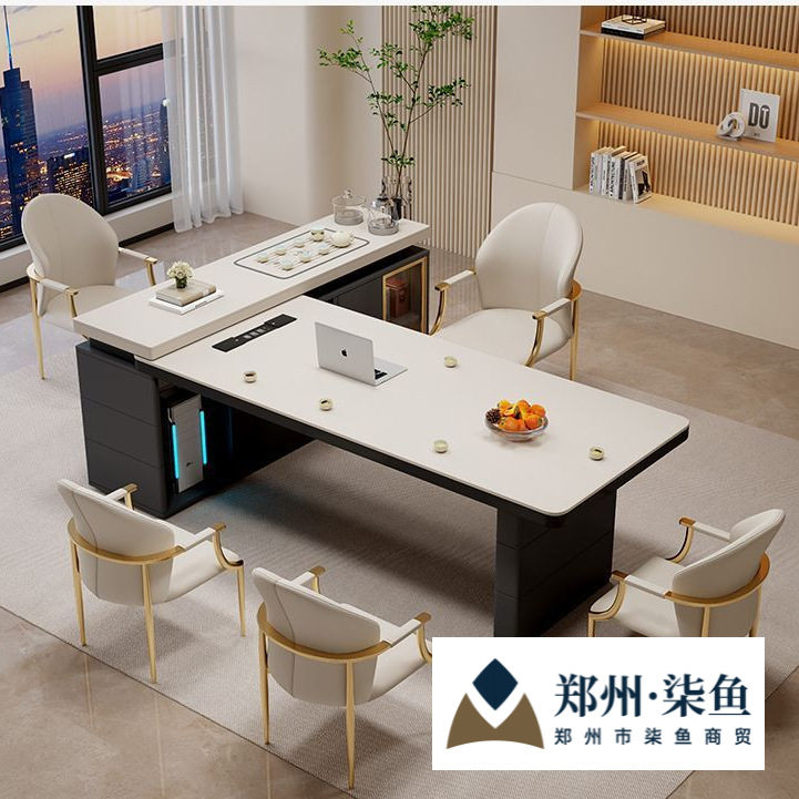 岩板茶桌椅组合现代高级感办公室黑色茶台烧水壶一体美容院接待桌