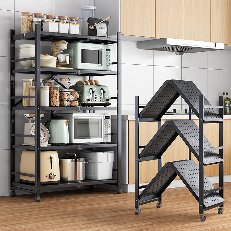 免安装厨房折叠置物架落地多层家用储物架微波炉货架推拉收纳架子