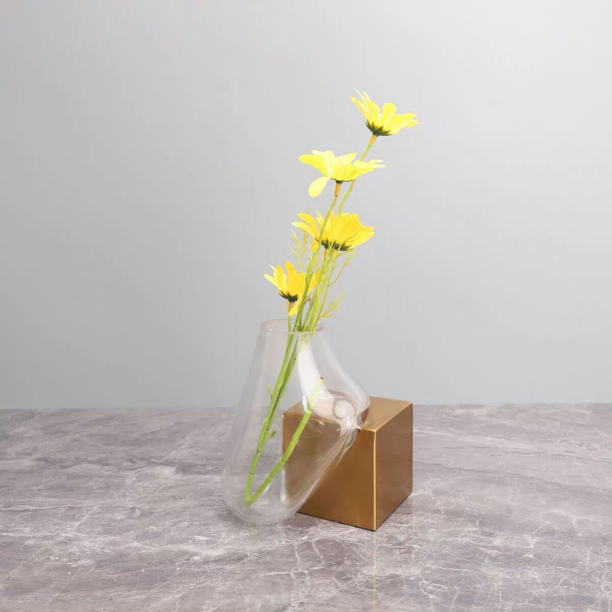 简约现代水培玻璃花器金属抽象流体花瓶桌面客厅玄关装饰饰品摆件
