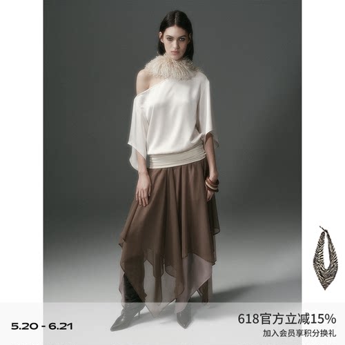 DIONYS*醋酸感露肩不规则中袖T 不对称斜肩宽松拼接上衣