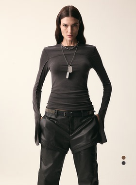 DIONYS*弧形分割超长破袖打底衫设计感修身显瘦正肩上衣内搭