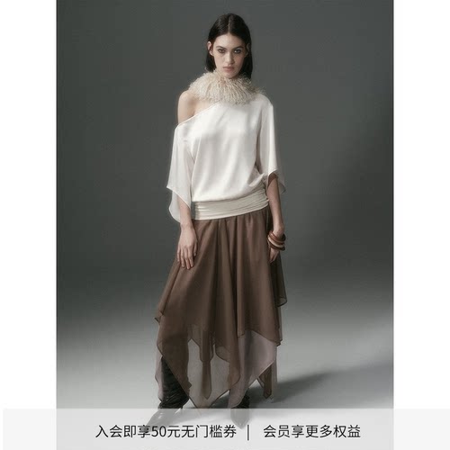 DIONYS*醋酸感露肩不规则中袖T 不对称斜肩宽松拼接上衣