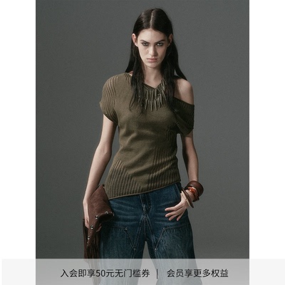 DIONYS*镂空不规则星星露肩针织上衣 斜肩设计感短袖针织衫