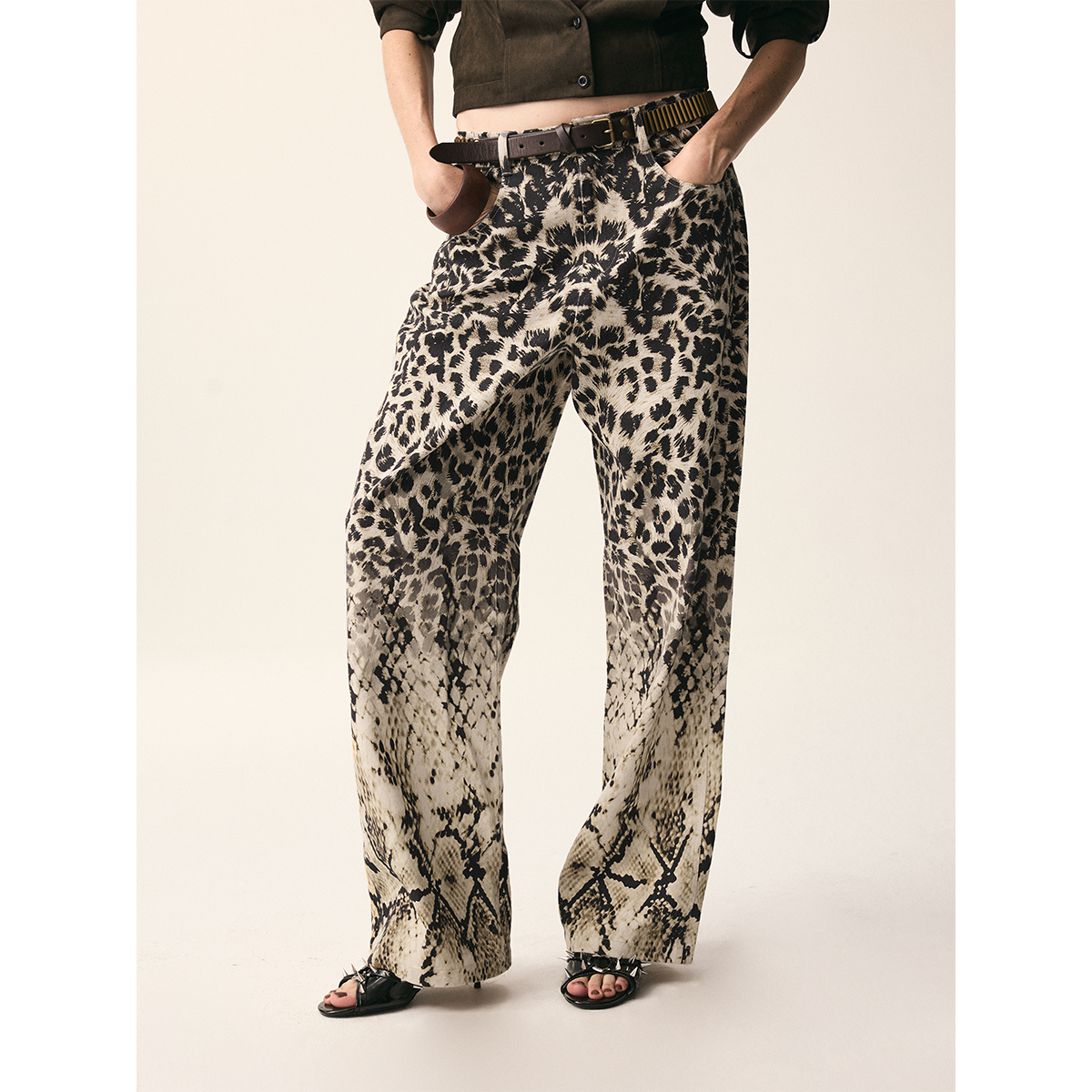 三片式分割豹纹渐变蛇纹直筒裤