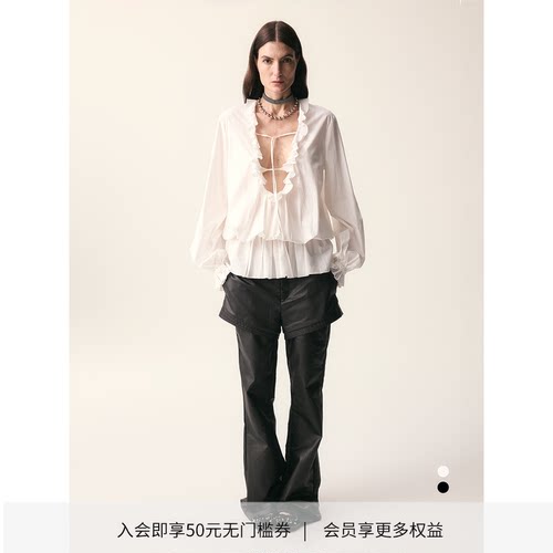宫廷感荷叶边抽皱衬衫