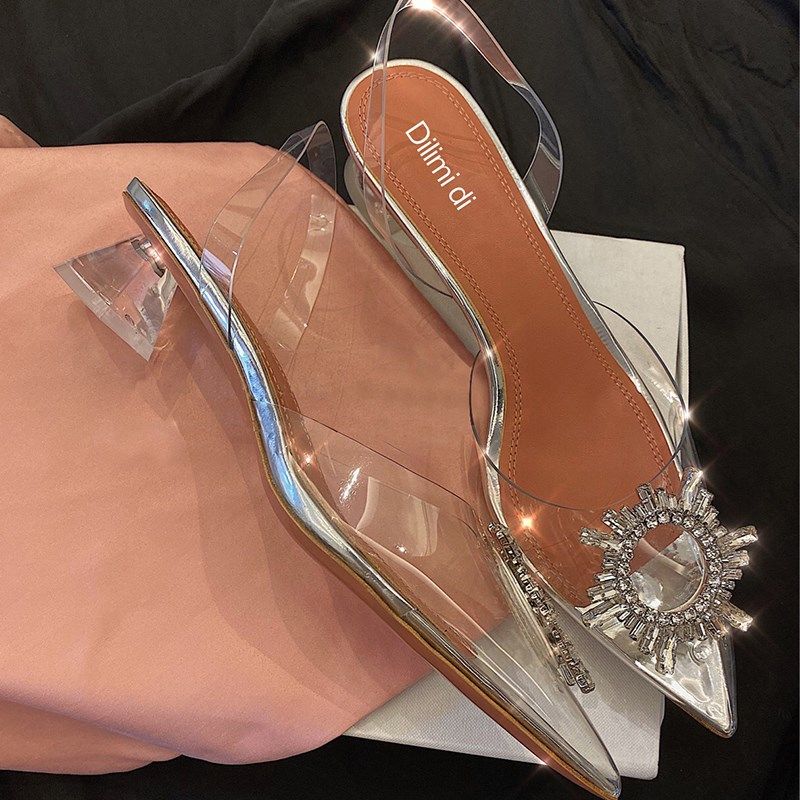 速发尖头凉鞋2024水拖夏新钻扣透明中跟百搭水晶包头款伴娘婚鞋,女鞋,时装凉鞋,淘宝优惠券,粉丝福利购,淘宝优惠卷