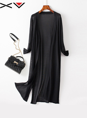 速发V针织衫中长款202新春秋5外披长袖黑色防晒开衫外搭长罩款衫