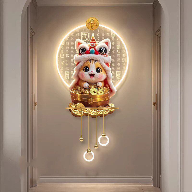 速发醒狮招财猫玄关装饰画入户门带灯壁画奶油风福字走廊过道挂画