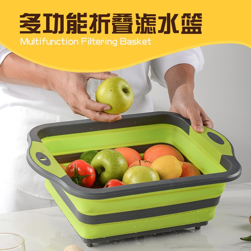 速发多功能折叠洗菜盆冰厨房塑料三合一菜板 户外桶携 便切水果板