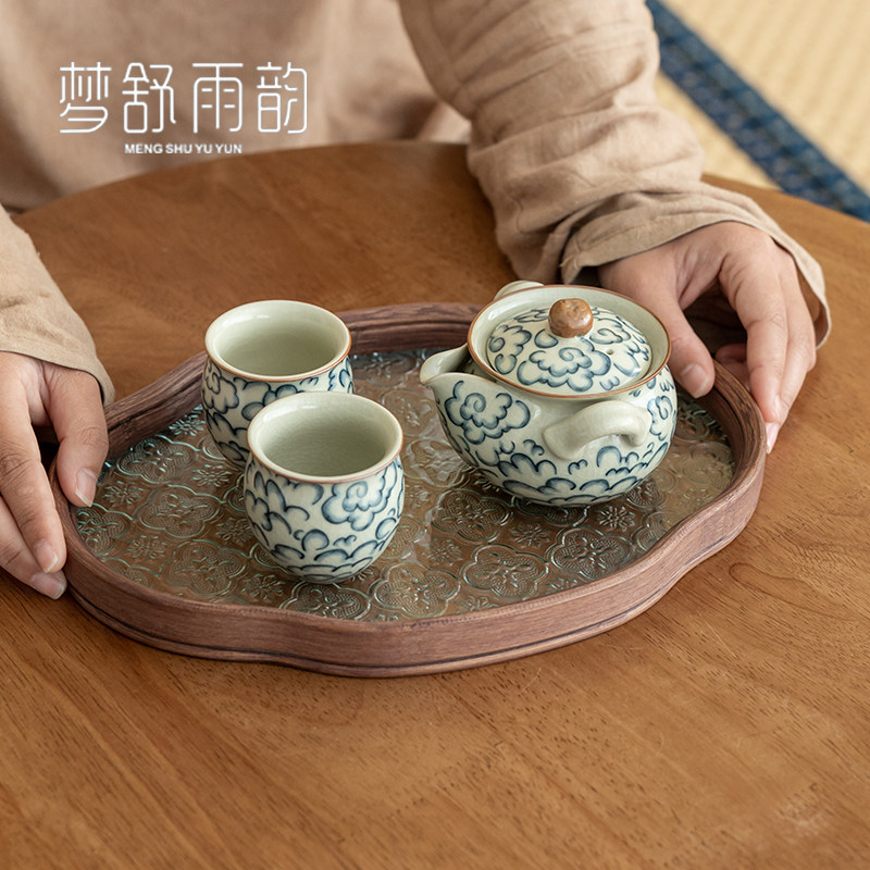 速发米黄汝窑祥云喝抓壶一壶两杯功夫茶具套装家用办公室手茶泡茶