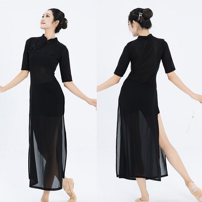速发黑色高弹力开叉旗袍高中国风族纱古典民网风蹈士舞舞爵服
