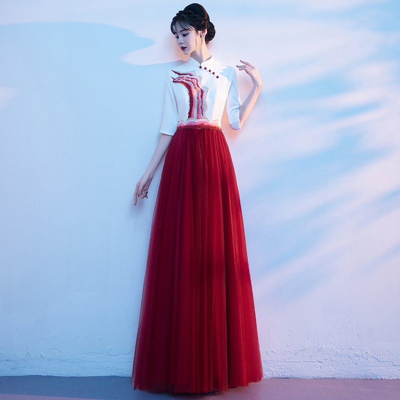 速发打合唱团红出服中国风筝歌古演舞台服朗诵指挥表演服主持裙