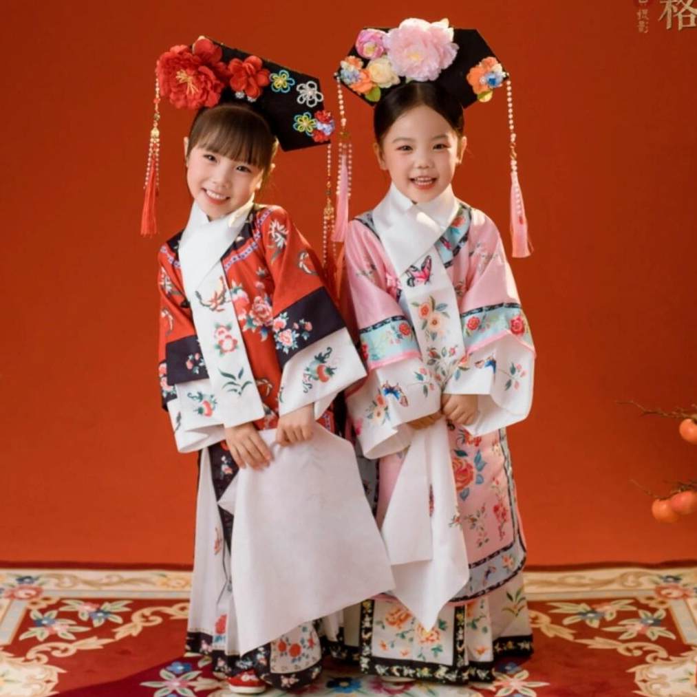 清朝格格服女童汉服双色套装姐妹装宫廷风演出服中国风古风小郡主