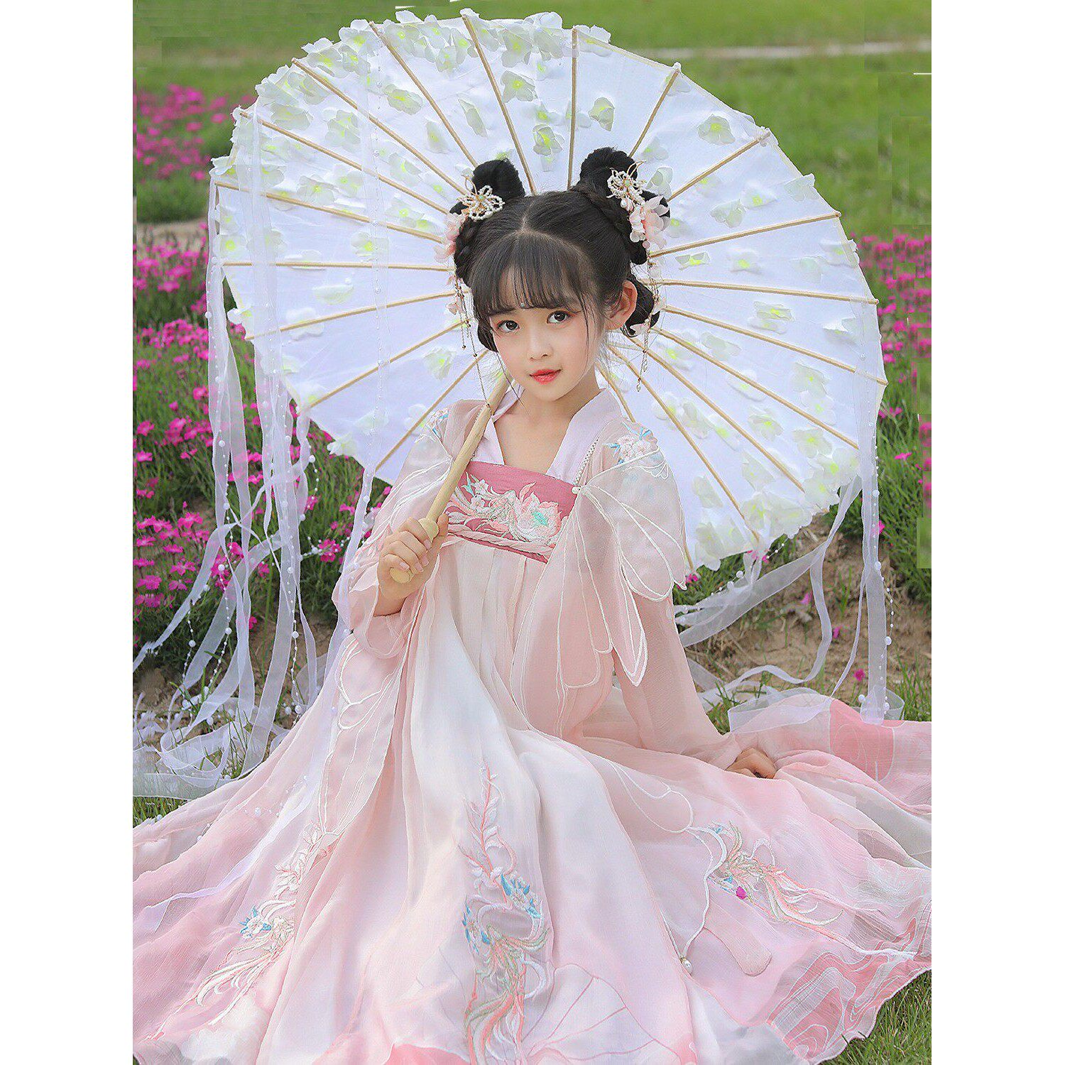 儿童汉服长袖碎花薄款七秀衍生小女孩童装仙女古装超仙古风连衣裙