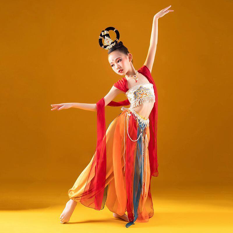 敦煌舞蹈服飞天演出服装手鼓异域风情女童汉服古典反弹琵琶表演服
