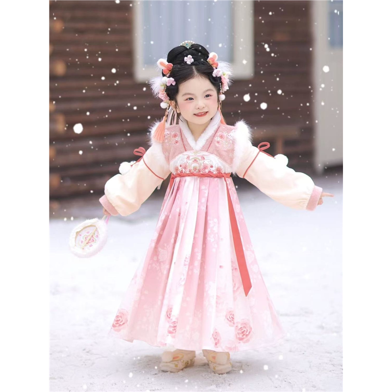 汉服女童连衣裙冬季加绒中国风古装拜年服女孩秋冬新年装加厚唐装