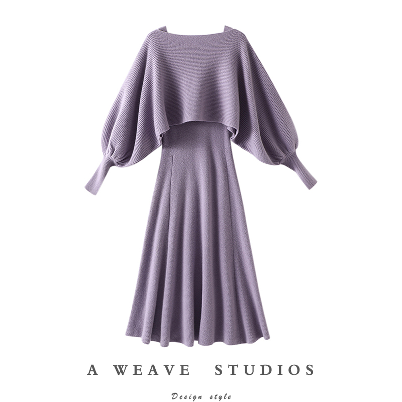 浪漫仙女~可斜肩一字领羊绒衫女纯羊绒毛衣长版吊带洋装子套装