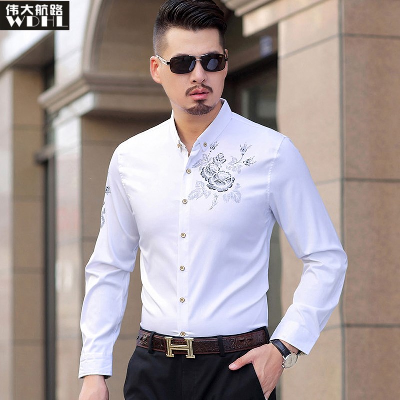 秋季男士长袖衬衫青年加肥加大码印花衬衣商务职业宽松寸衣胖子男