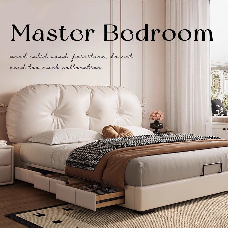 奶油风真皮床白色吐司床现代简约主卧室双人床小户型软包储物婚床