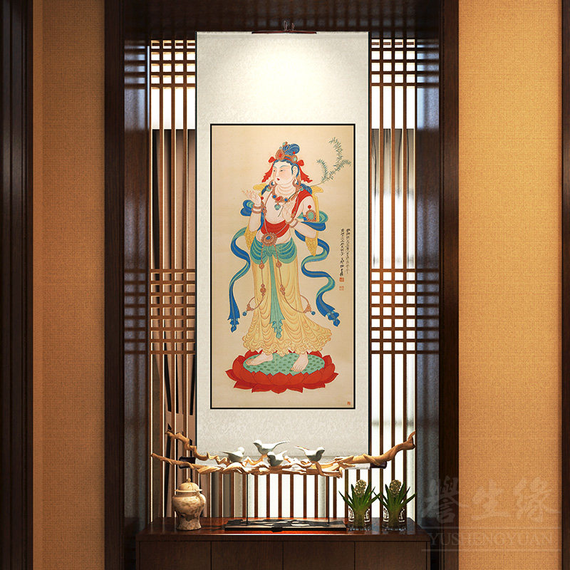 观音图新中式卷轴l挂画竖版玄关装饰画走廊过道入户墙观音菩萨壁