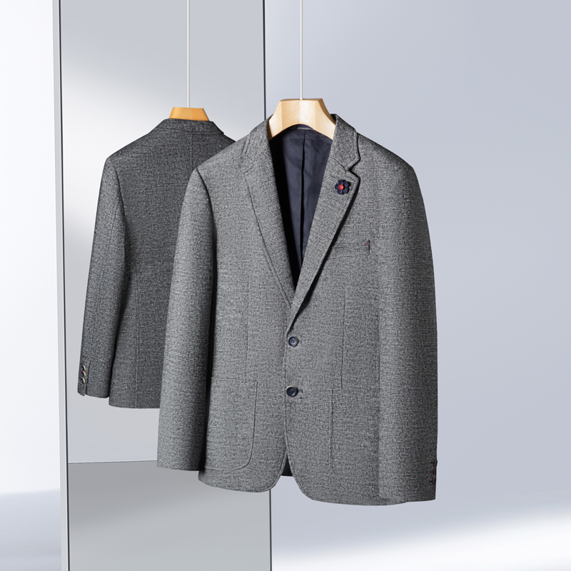 休闲西服男花纹简约单西舒适时尚外套男士秋季浅灰花纹小单西上衣