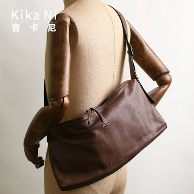 吉卡尼美式复古阿美咔叽通勤斜挎包男真皮软包单肩包大容量邮差包