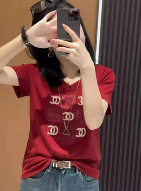 红色显白设计感印花T恤女2024B夏季新款休闲百搭时尚减龄显瘦上衣