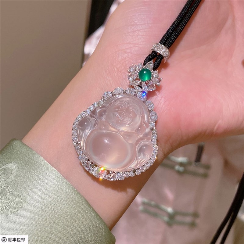 新中式国风绿顶天然高冰白玉髓佛公吊坠项链女925银配黑绳可调节