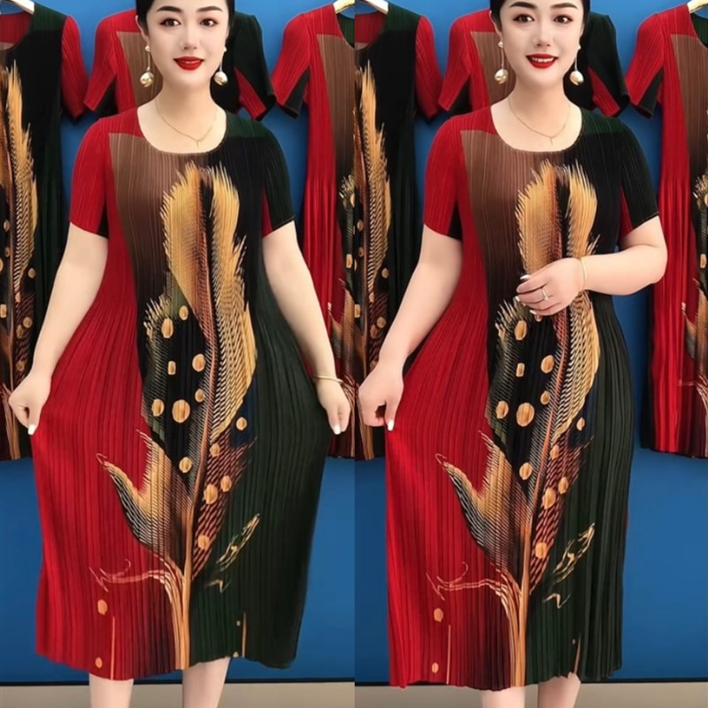 夏季新款高弹加肥加大褶皱连衣裙时尚圆领印花中长款气质女士裙子