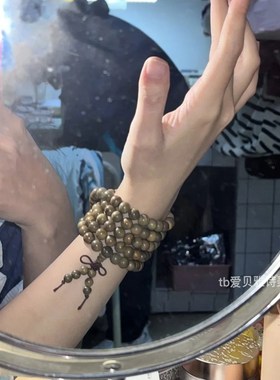 行走的扩香器~绿檀木质手串约108颗念珠佛珠多圈盘缠女款文玩手链