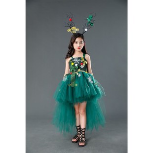 圣诞节儿童服装女童礼服绿色森系公主蓬蓬连衣裙小女孩舞会演出服