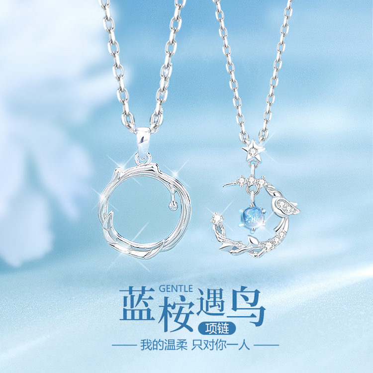 蓝按与鸟情侣款纯银项链男女一对高级感轻奢小众2024新款刻字吊坠