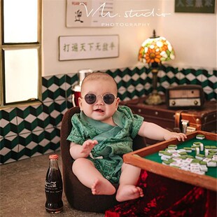 儿童摄影道具迷你折叠麻将桌宝宝室内拍照摆件道具复古Z港风小道