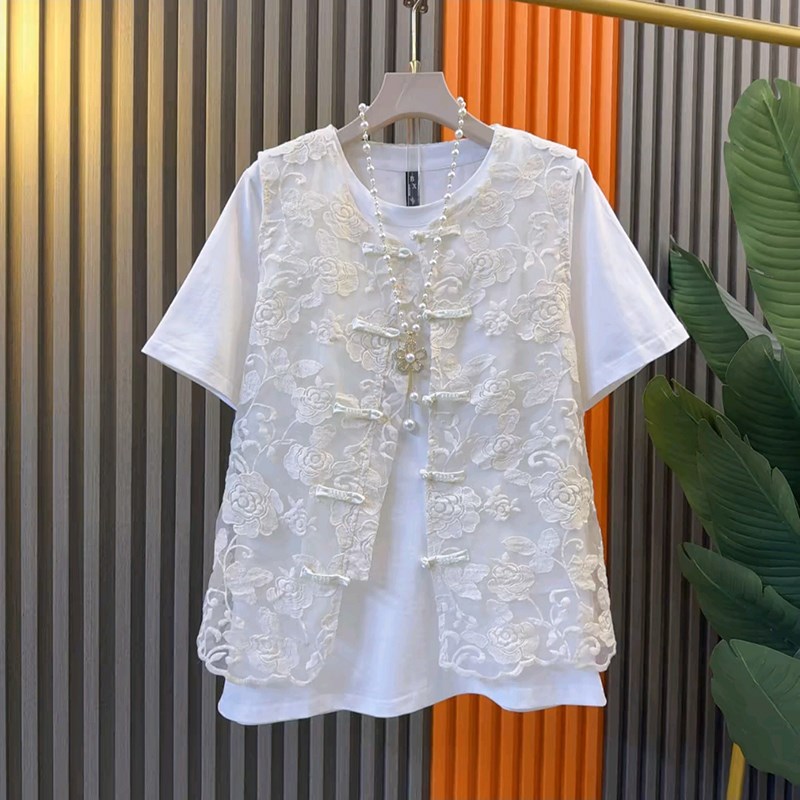 2025新款新中式国风盘扣蕾丝刺绣马甲大码胖mm时尚短袖T恤套装潮