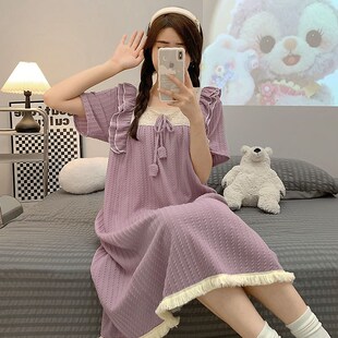 公主风睡裙夏季女2024s新款棉质紫色加大码睡衣女士夏天孕妇连衣