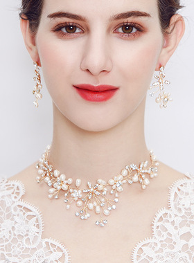 天然淡水珍珠项链女锁骨链耳环套装多层高贵奢华配礼服晚宴配饰