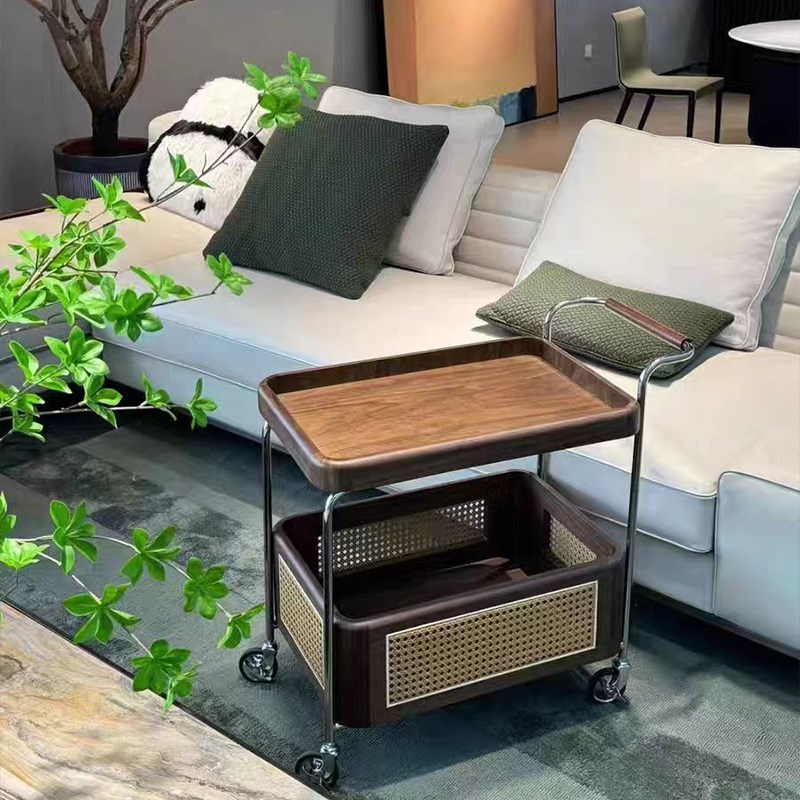 侘寂风复古实木边几客厅沙发收纳小桌子北欧藤编置物柜可移动茶几