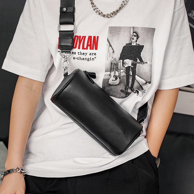 新款头层牛皮圆筒包 潮流单肩包韩版男包斜挎包男生休闲手机包潮