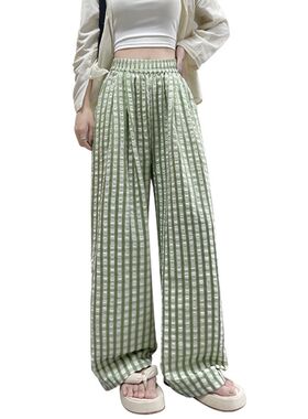 复古竖条纹阔腿裤子女夏季高腰宽松韩版直筒休闲裤慵懒窄版格子裤