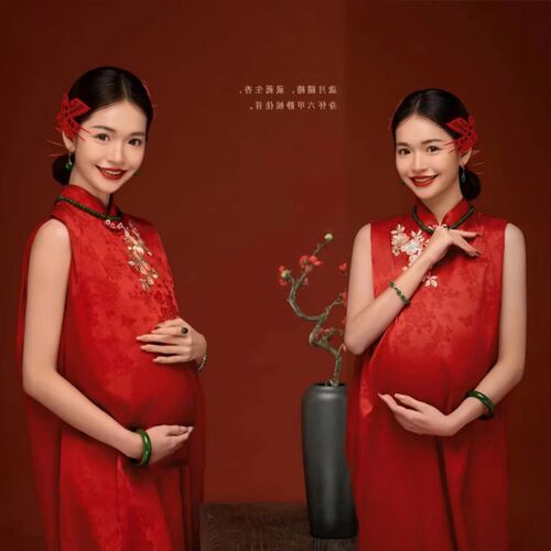 影楼孕妇照服装新中式国风新款新年主题红色裙子孕妇照衣服在家拍