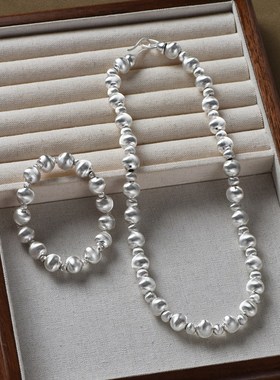 银色大小拉丝圆球项链女新中式轻奢小众设计高级感锁骨链手链套装