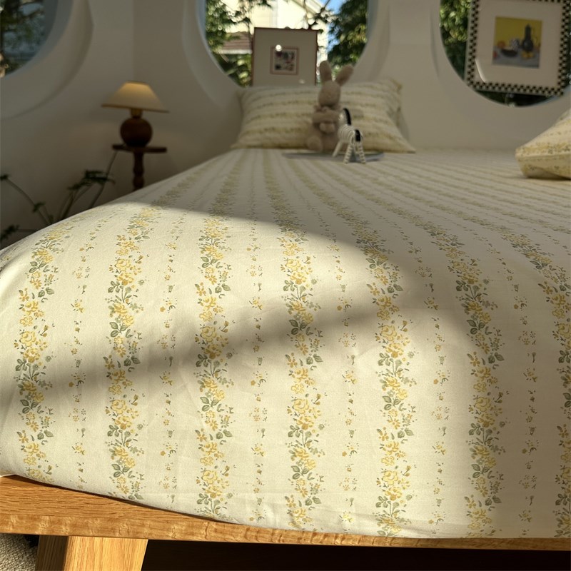 田园风黄色小碎花纯棉床笠床单单件1.3I5m全棉学生宿舍保护套床罩