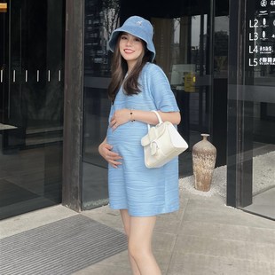 宽松纯棉夏装 PEIPEI孕妇装 夏天冰蓝色系显瘦连衣裙T恤上衣夏短袖