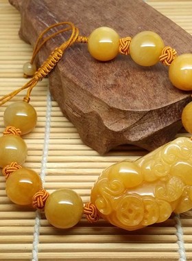 天然黄玉貔貅手链男女款情侣复古民族风饰品手串手工编绳招财转运