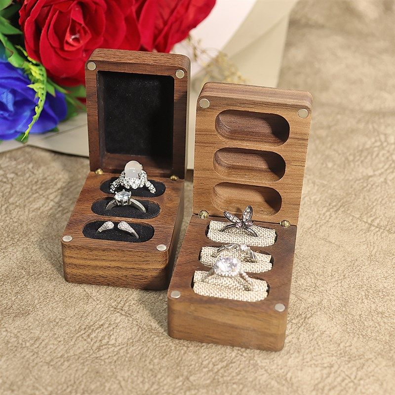 三槽倒角一体求婚对戒盒包装收纳礼品黑胡桃木钻戒耳钉收纳木盒女
