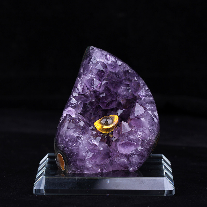 全抛光天然的紫水晶原石小摆件手链消磁净化桌面招财紫晶洞赠底座