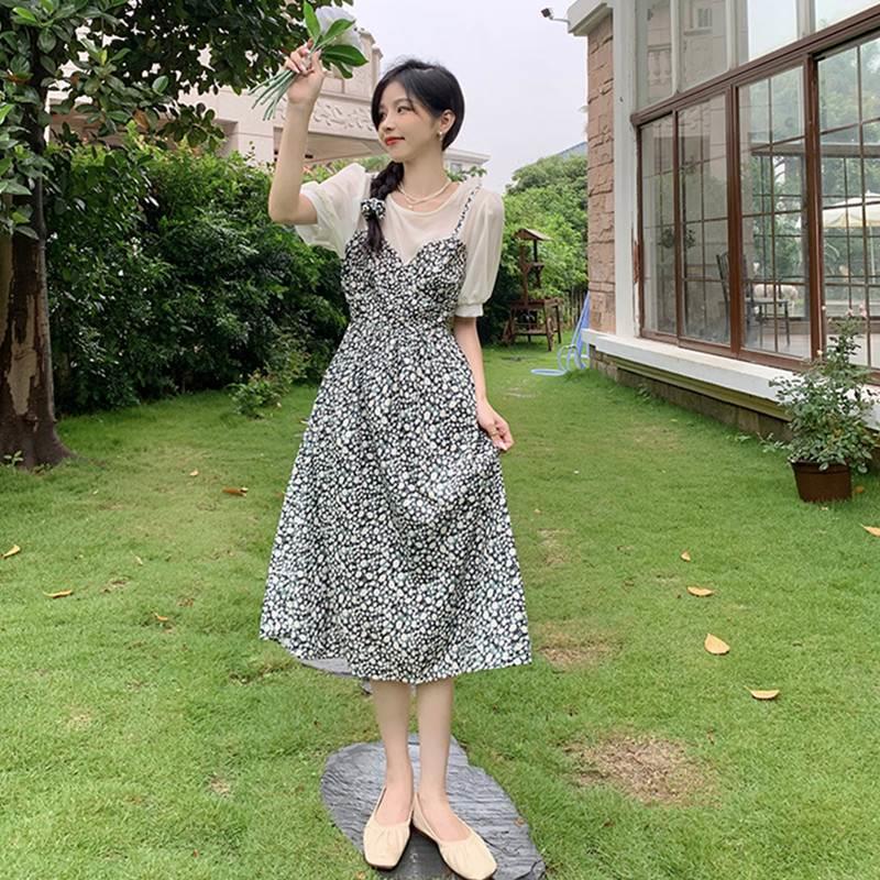 WCT两件法式少女感裙赫本风y复古连衣女夏大码胖m假m碎花桔初恋梗